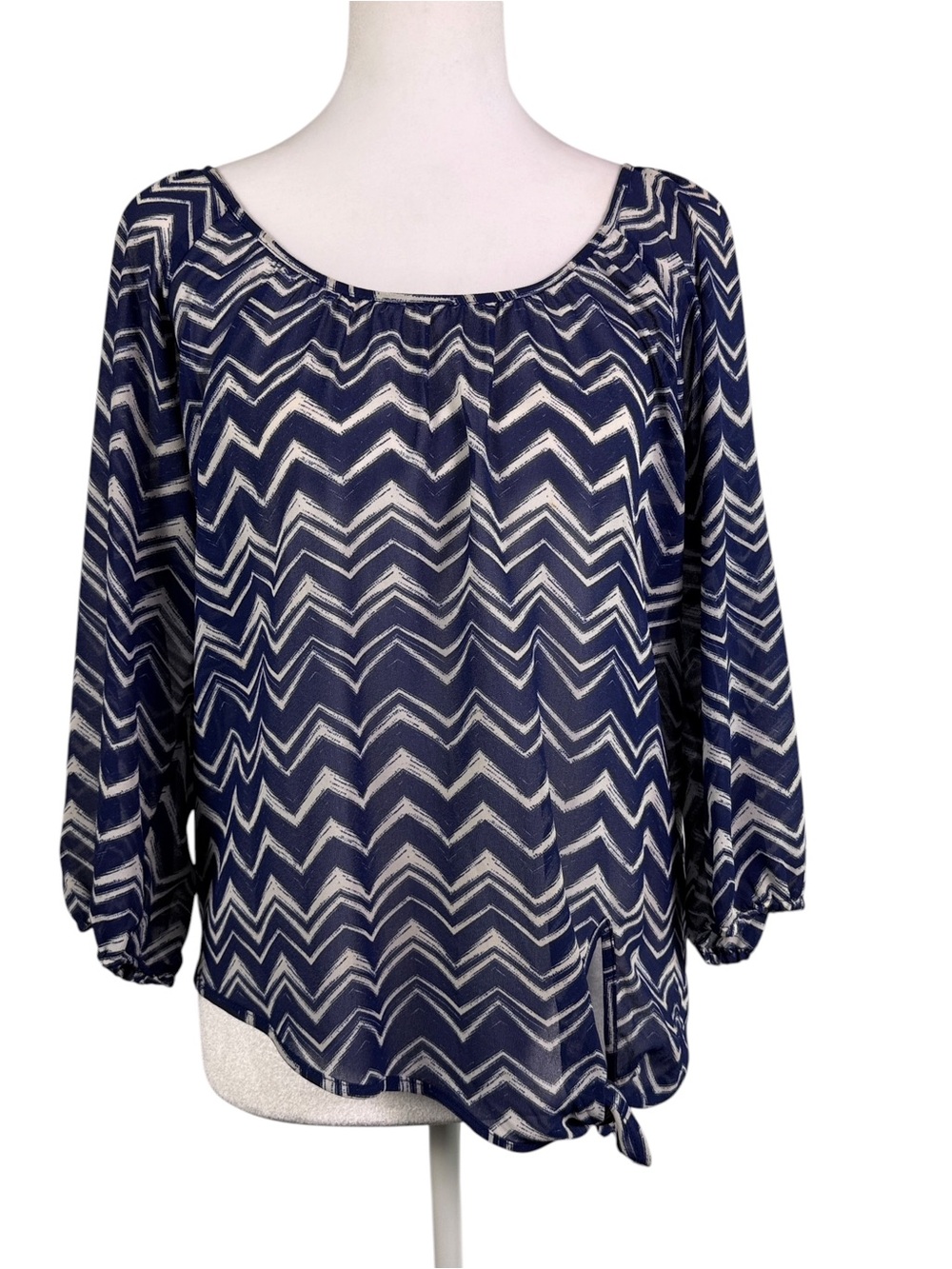 HeartSoul Nautical Navy White Zig Zag Tie Hem Top M